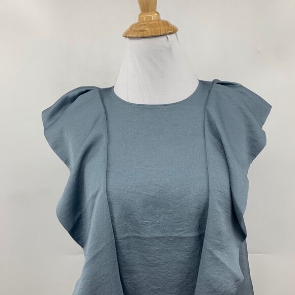 Express Top Women XS Extra Small Slate Satin Keyhole Back Flutter Sleeve Ruffle - Picture 3 of 12